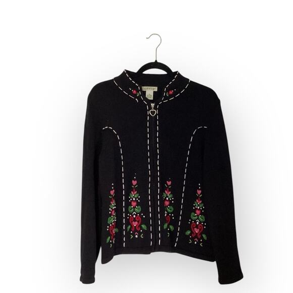 Orvis Women's Full Zip Sweater Black Embroidered Hearts Floral Size M - Picture 1 of 6